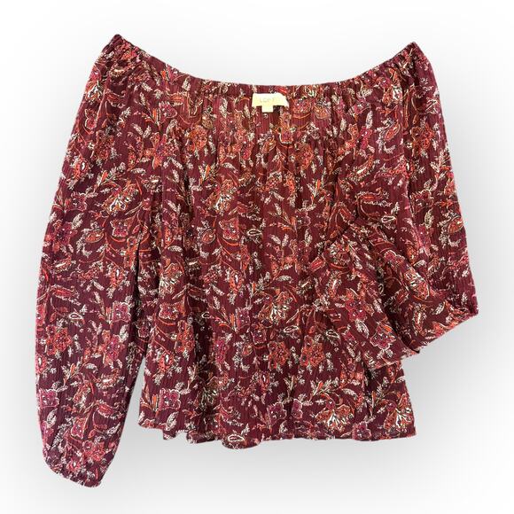 LOFT Maroon Paisley Off Shoulder Peasant Blouse Womens Sz L | Boho Long Sleeve - Picture 1 of 7